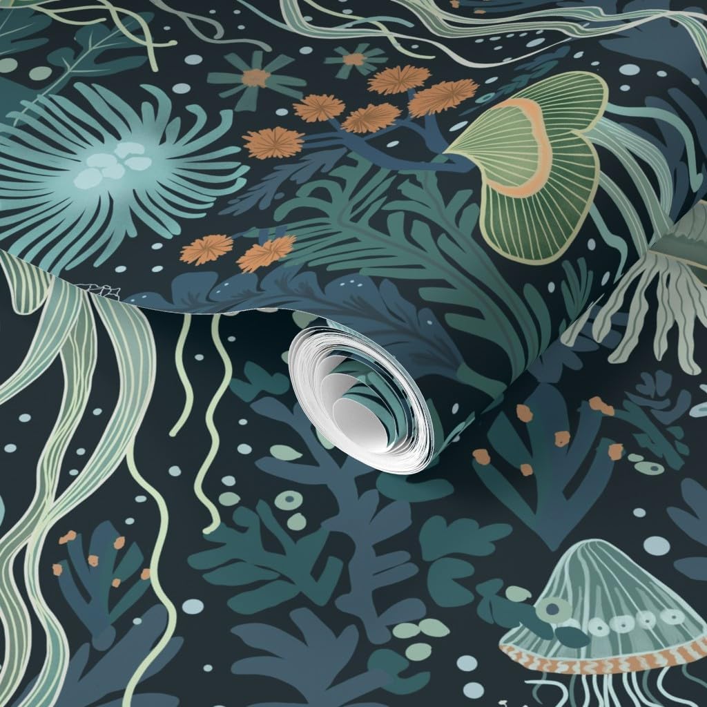 Removable Wallpaper 12ft x 2ft - Blue Jellyfish Under The Sea Ocean Life Seaweed Hand Drawn Coastal Custom Pre-Pasted Wallpaper by Spoonflower