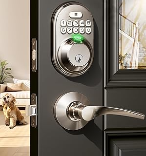 Veise Fingerprint Door Lock with 2 Lever Handles - Keyless Entry Door Lock, Keypad Door Lock with Handle, Electronic Deadbolt Front Door Lock Set, Auto Lock, Easy Installation, Satin Nickel