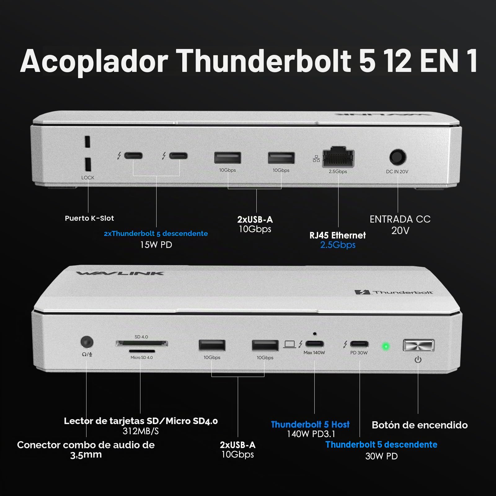 WAVLINK Estación de acoplamiento Thunderbolt 5 con certificación Intel EVO: base TB5 con transferencia máxima de 120 Gbps, hub Thunderbolt 5 con carga máxima de 140 W, 4X USB-A 3.2, sistema de