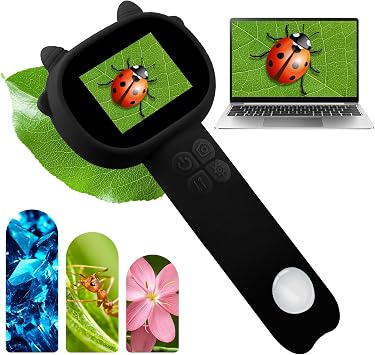 Kids Microscope 500X with 2" IPS Screen - Mini Handheld Digital Microscope with 1080P HD Imaging, 8 LED Lights, Photo & Video, Portable STEM Science Toy Gift for Boys & Girls Ages 3-12 - Black
