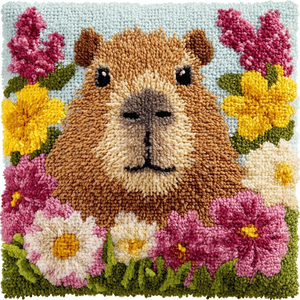 DIY Latch Hook Pillow Kit Capybara Portrait in Flowers Easy for Beginners Color-Stamped Canvas Cushion 43x43cm Sofa Bedroom Decor Craft