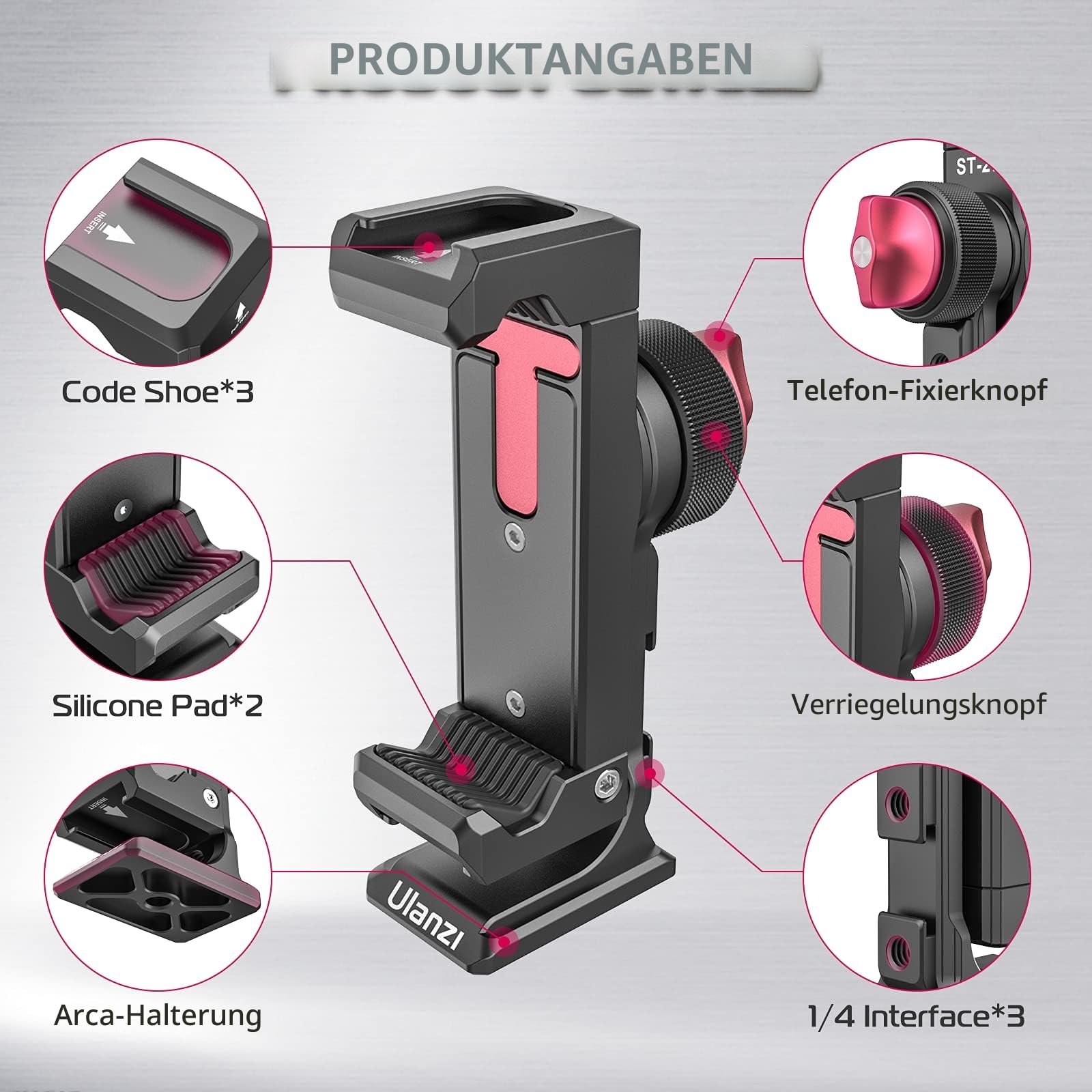 ULANZI ST-27 Metall Handy Stativ Adapter, Handyhalterung mit 3 Cold Shoe, Arca-Swiss Handy Halterung Stativ mit 1/4" Schraubenloch, 360° drehbarer für iPhone, Samsung, Huawei Smartphone Digitalkamera