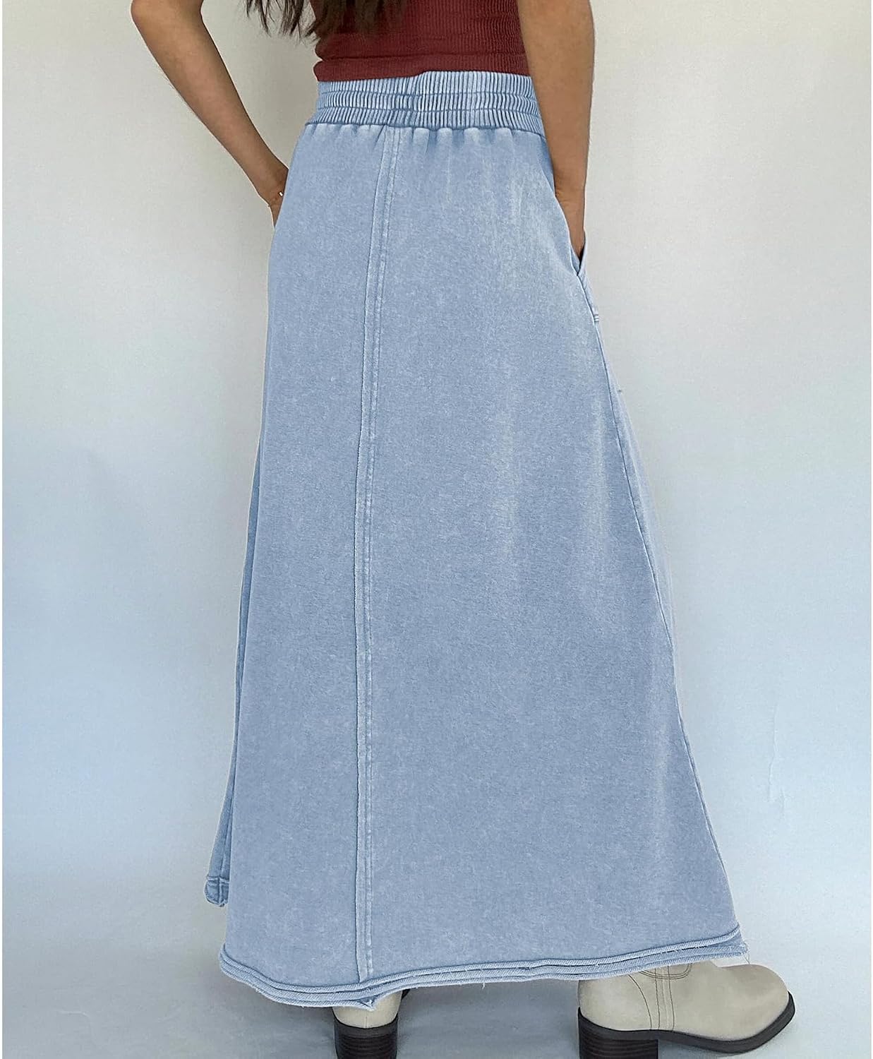 Women Acid Wash Maxi Skirt Elastic Drawstring A Line Skirt Cotton Flowy High Waist Dress Boho Outfits with Pockets