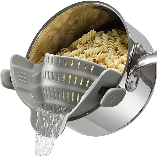 Upgraded Clip on Pot Strainer Silicone Colander Hands-free Drainer Kitchen Gadgets, Heat Resistant for Pasta Spaghetti Meat Grease Fits Pots Pans Bowls, Gray