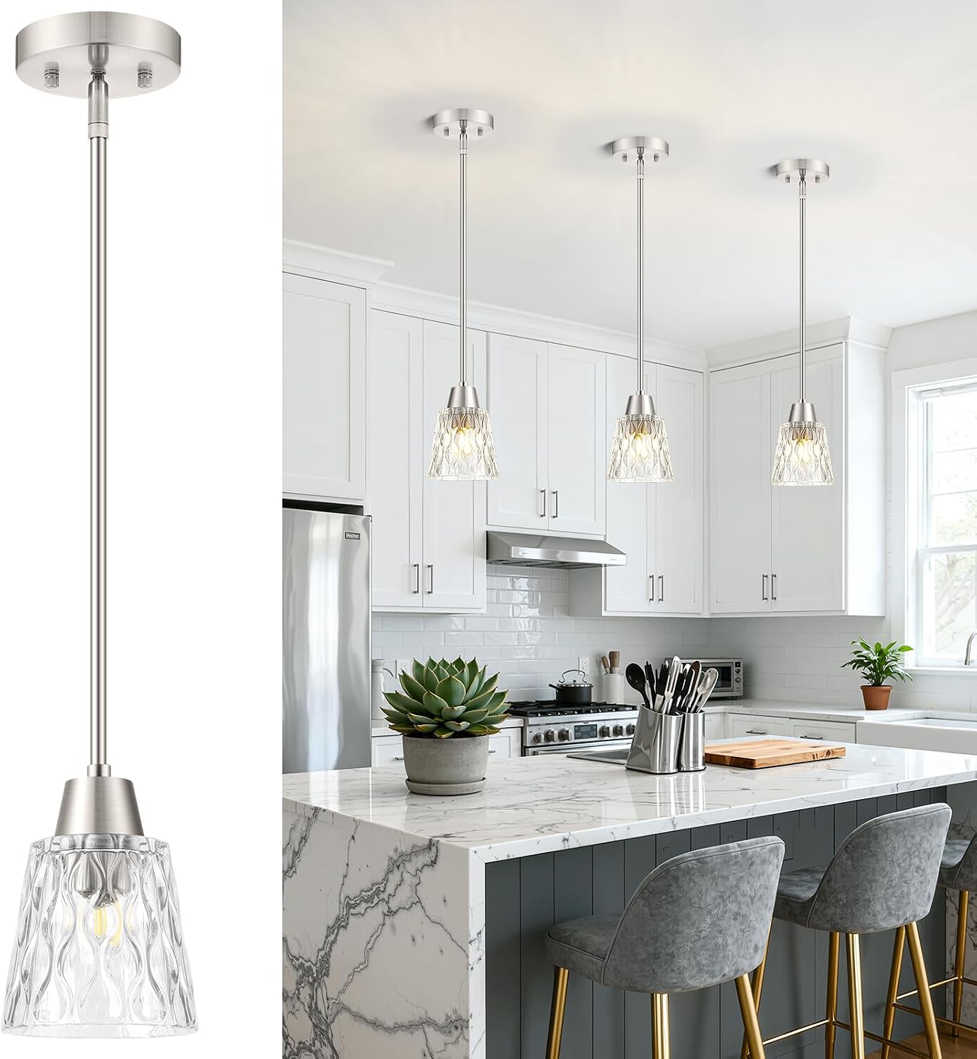 Brushed Nickel Pendant Lights Kitchen Island 3 Pack, Mini Glass Pendant Light Fixtures with Cone Glass and Rods, Adjustable Modern Small Hanging Light for Kitchen Sink Dining Room Bathroom