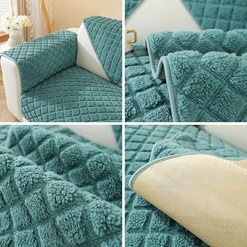 Miniatura 7 de vctops Funda de sofá de forro polar Sherpa a cuadros, color sólido, cálida y acogedora, funda de sofá de felpa mullida para perros, niños y