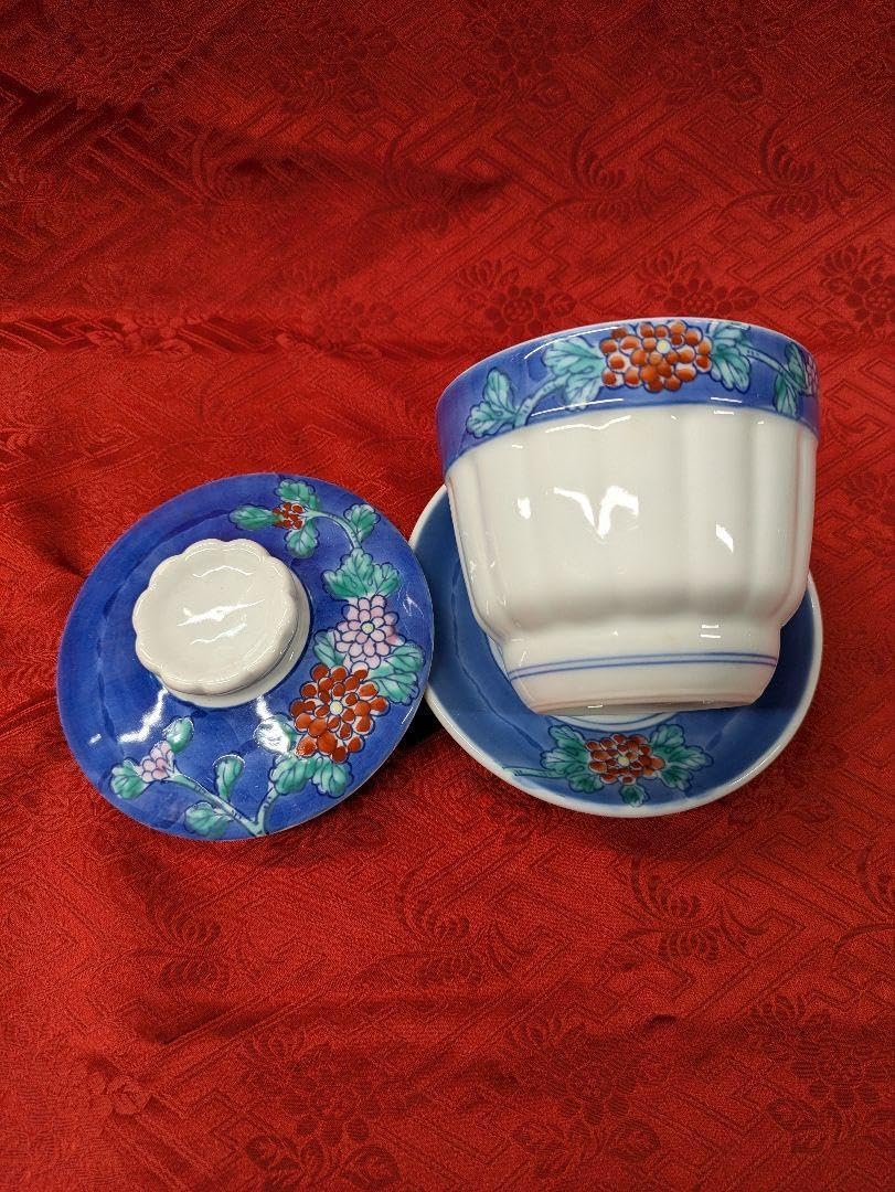 華山窯蓋付き煮物椀6客ダミ 手描き菊型 菊絵