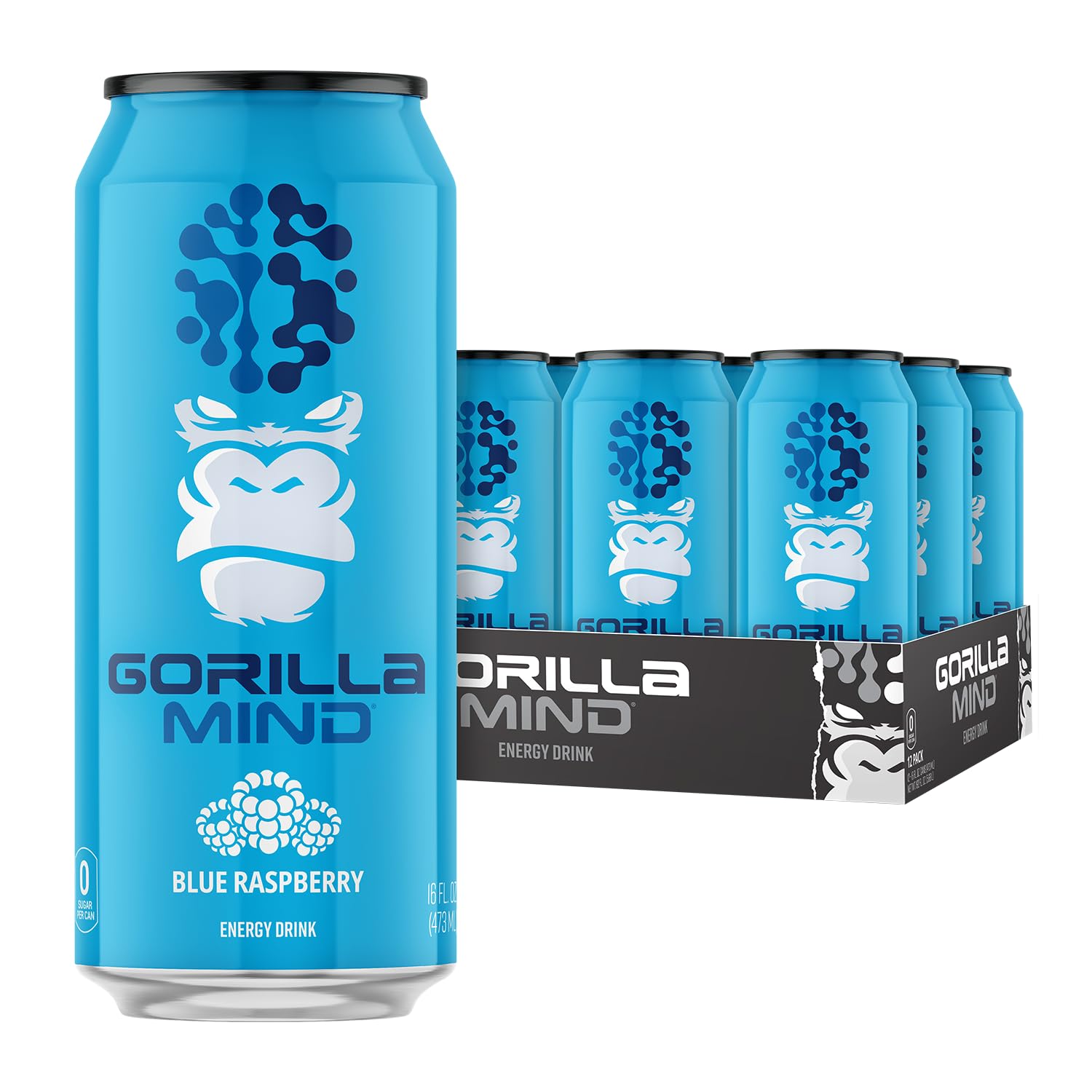Gorilla Mind Energy Drink | Unmatched Energy · Amplified Focus | N-Acetyl-L-Tyrosine, Alpha-GPC, 200mg Caffeine, Uridine, Saffron | 0 Sugar Or Artificial Colors | 16oz, 12-Pack (Blue Raspberry)