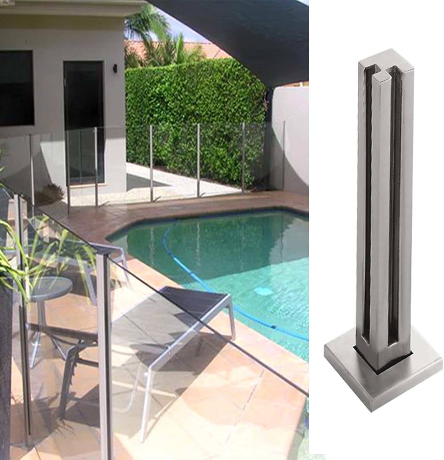 Clôture de piscine et balcon : poteau de garde-corps carré en inox pour panneau de verre