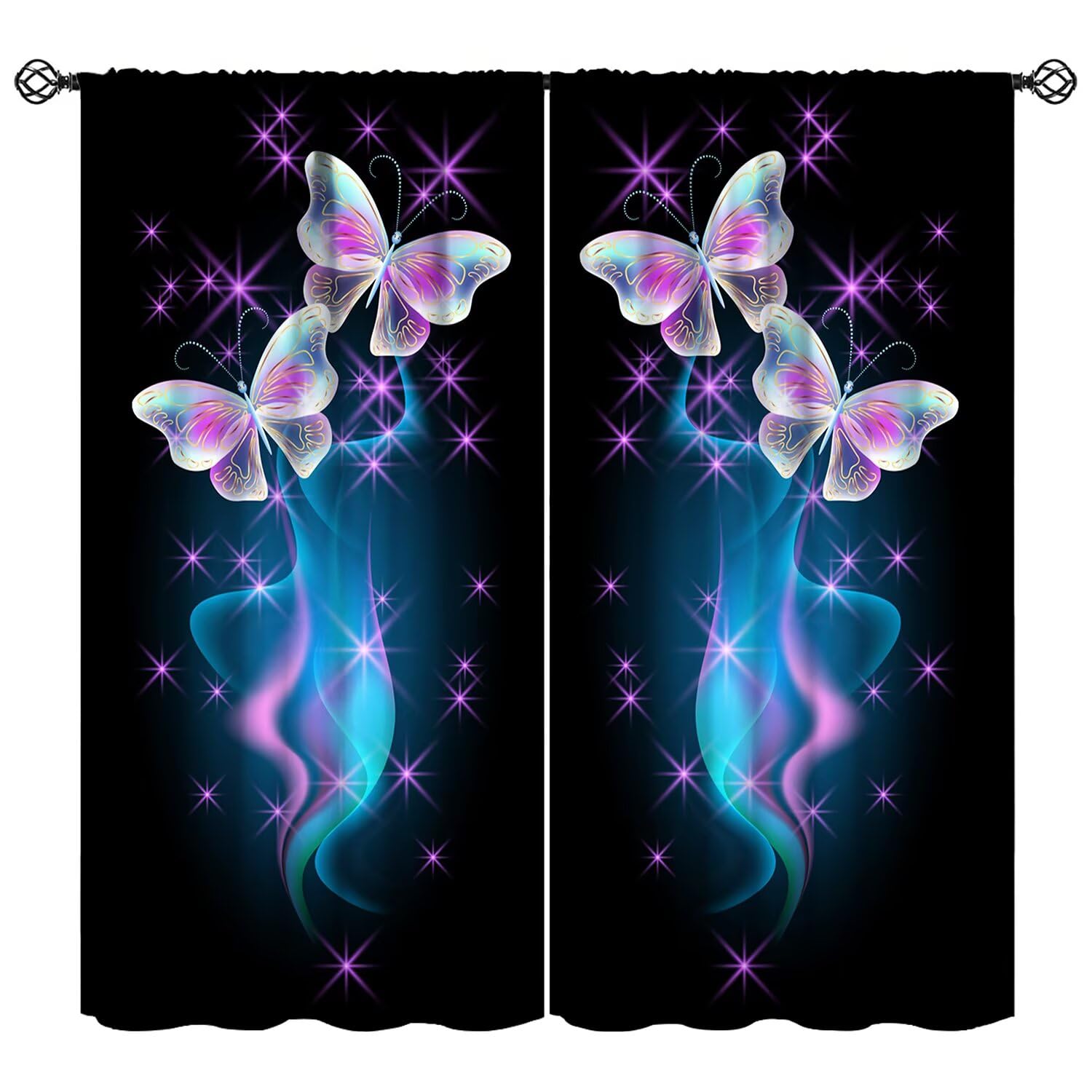 JESTRONRY Butterfly Window Curtains,Pink Blue Butterfly Shining Light Rod Pocket Window Treatments for Living Room Bedroom Kitchen Bathroom Home Decor 52" W X 84" L
