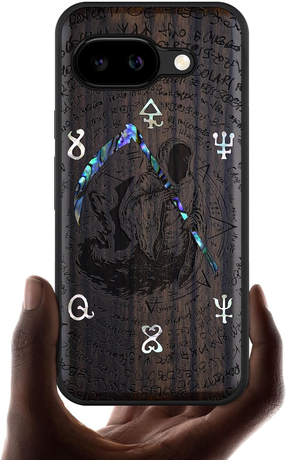 Carveit Magnetic Wooden Case for Google Pixel 9a Case, Wood Artisan Engraved & Handmade Shell Inlaid, Compatible with MagSafe Wireless Chargers (The Grim Reaper of Carved) Blackwood