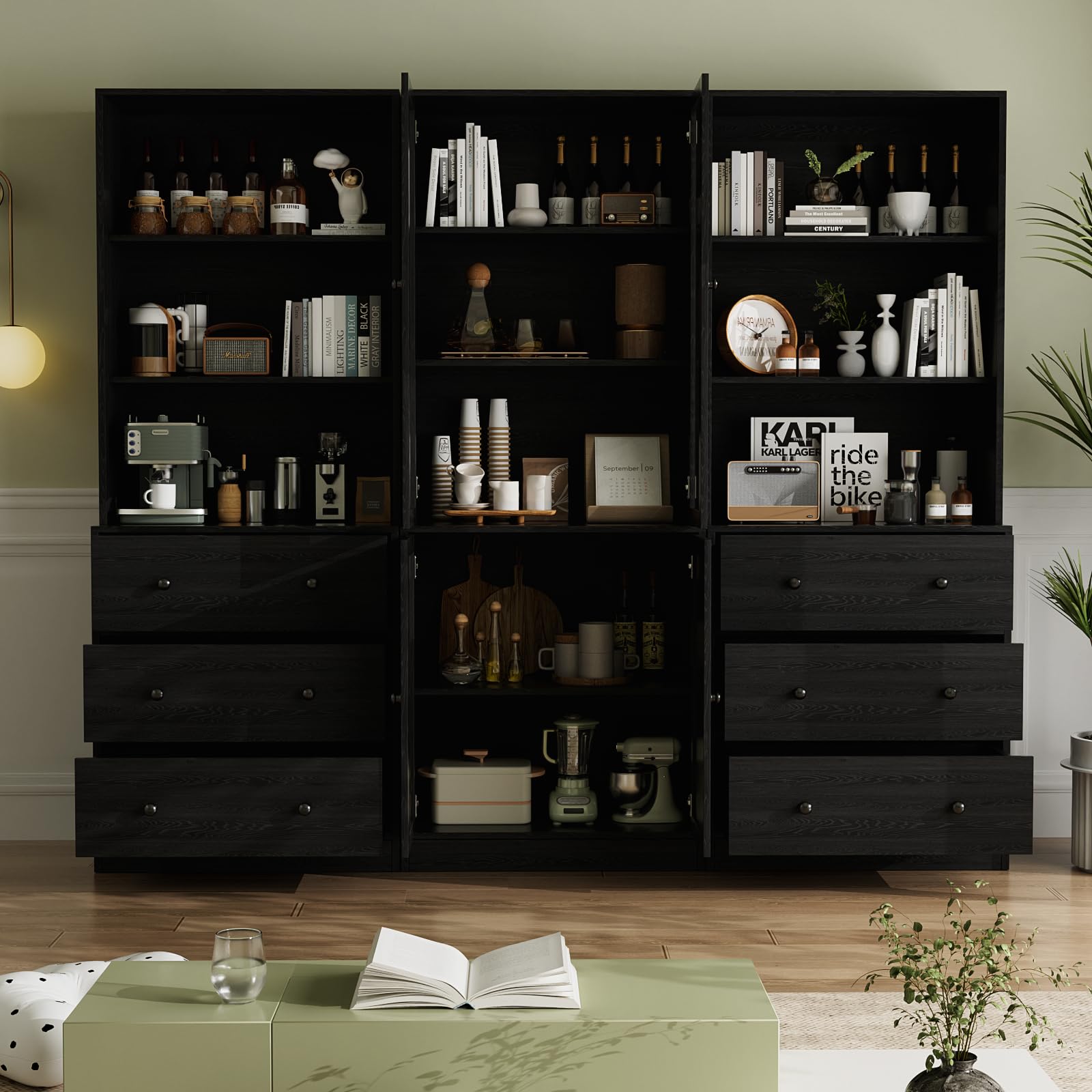 VOWNER 5-stöckiges Bücherregal mit Glastüren, 180 cm Vitrinenschrank, Küchenschränke, Küchenschrank Hochschrank, Buffetschrank für Küche, Wohnzimmer, Esszimmer, 4PCS (Schwarz)