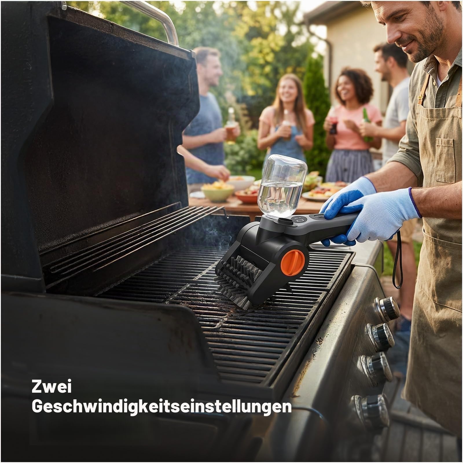 Elektrische Grillbürste mit 300ml Wasserreservoir von MMOBIEL – Kabelloser BBQ Grillreiniger mit 2-Schnellstufen, 100W Motor, USB-C Wiederaufladbar, Ergonomischer Griff, Case & Handschuhe