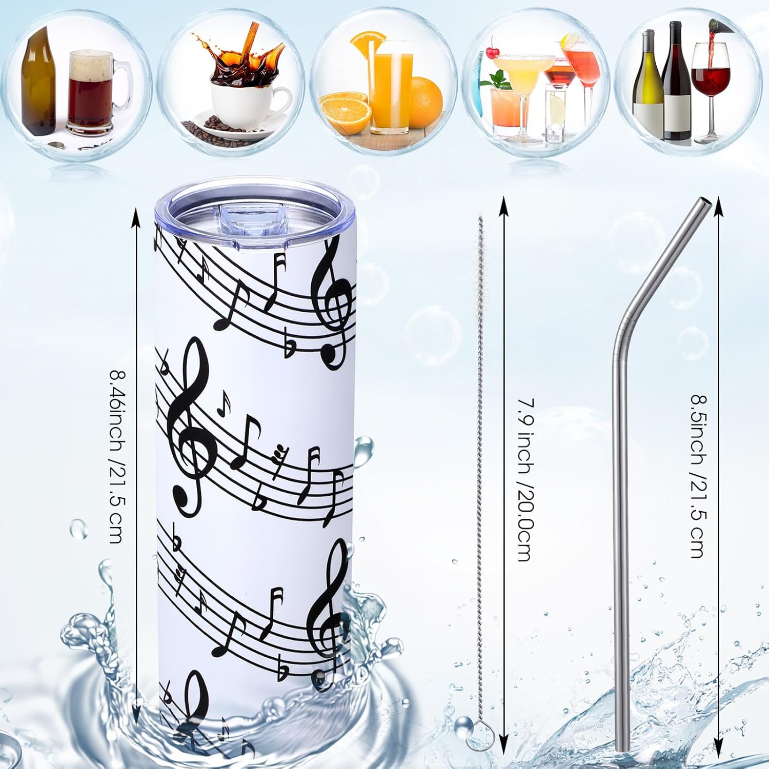 Yahenda Singers Music Gifts for Teacher Women Men, 20 oz Insulated Christmas Stainless Steel Musical Note Travel Tumbler Mug with Straw Brush Socks Makeup Bag Gifts for Lovers(White,Black Music) - Image 6