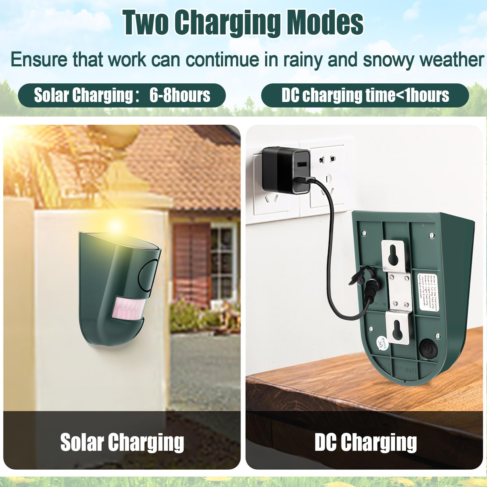 Qualirey Solar-Bewegungsmelder, Alarm, 129 dB, für den Außenbereich, Stroboskoplicht, Grün, 4 Stück | Wasserdichte Sicherheits-Sirene mit Ton, Bewegungsmelder für Auffahrt und Bauernhof, Abschreckung über Nacht Blitzwarnsystem