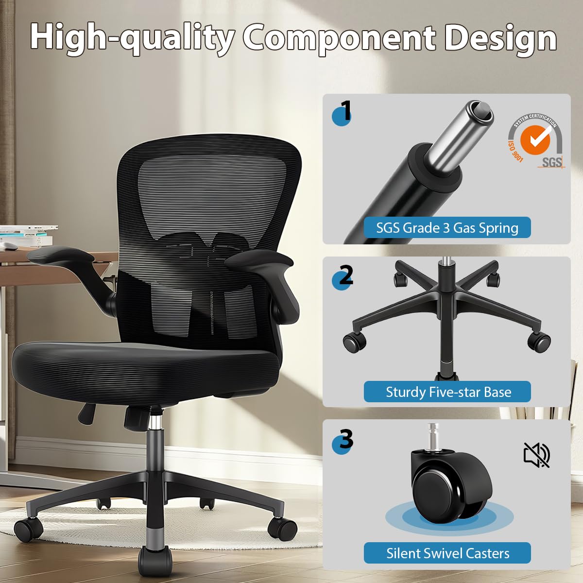 Durrafy Sedia da Ufficio Ergonomica, Braccioli Ripiegabili 90°, Supporto Lombare Regolabile, Rete Traspirante, 130° Inclinazione（Non bloccabile）, 130kg Carico
