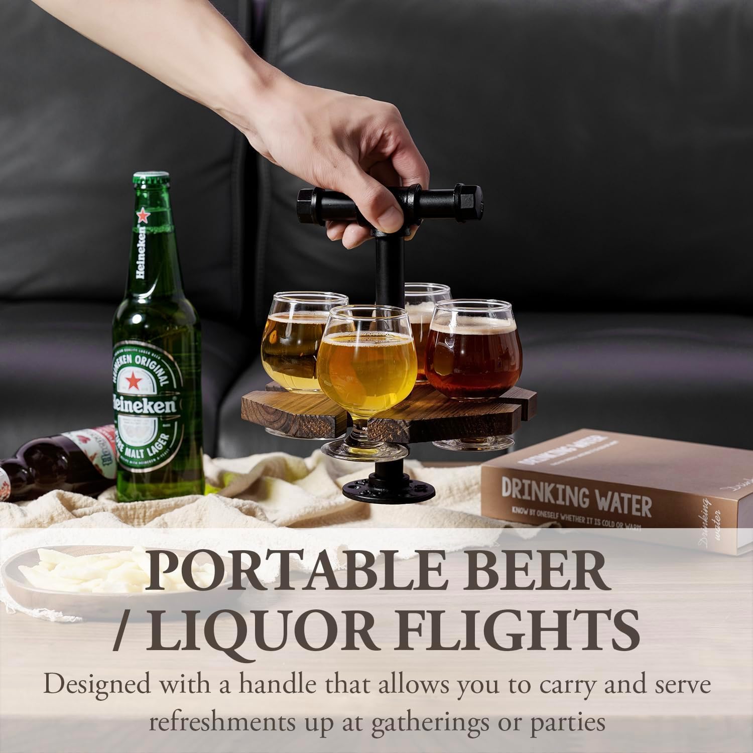 MyGift Solid Burnt Wood Serving Beer Whiskey Flight Set Tray with Industrial Black Metal Pipe Carrying Handle and 4 Small Snifter Style Tasting Beer Glasses, Set of 2