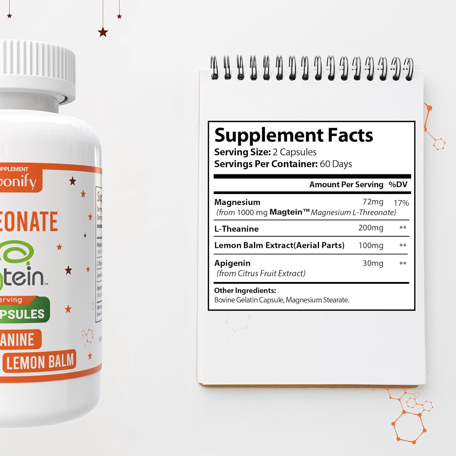 Magtein Magnesium L Threonate Supplement with L Theanine, Lemon Balm and Apigenin, High Absorption 120 Purified Veggie Capsules, 1400 mg, Gluten Free, Non-GMO, Vegetarian