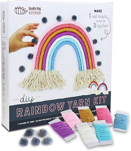 DIY Rainbow Yarn Dormitorio Decoración (Nursery Decor) hace un arco iris colgante de pared y dos llaveros. Artesanía perfecta para niños para niñas