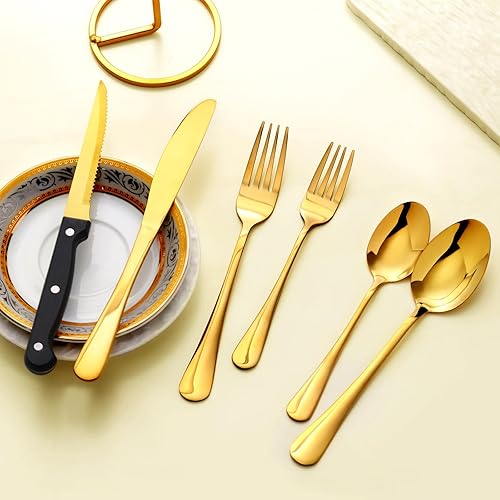 Miniatura 3 de Juego de 48 cubiertos dorados con cuchillos para carne, vajilla de acero inoxidable, cucharas y tenedores, para bufé, cocina, restaurante, hotel,