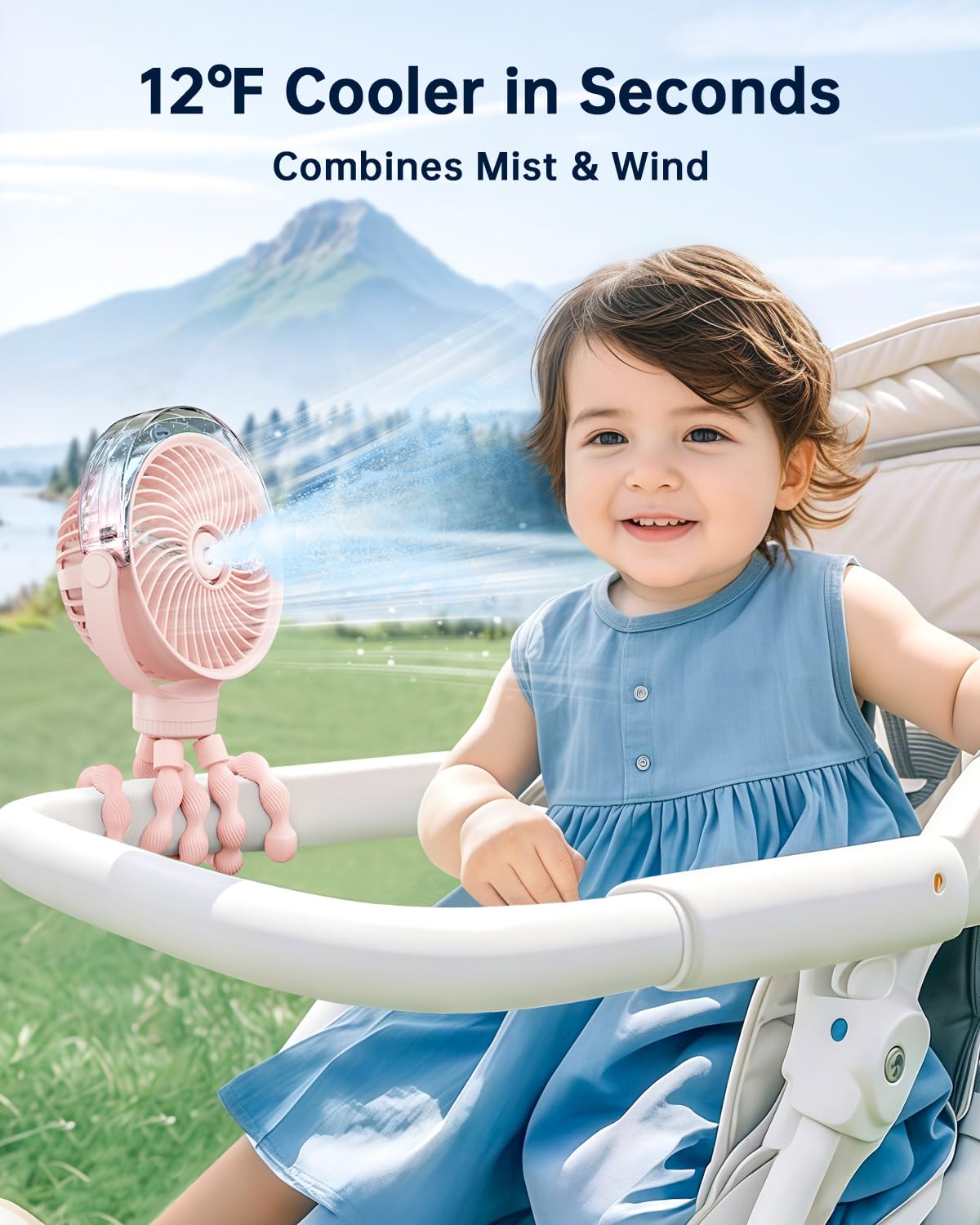 SWEETFULL Ventilateur brumisateur pour poussette – Ventilateur portable pour bébé avec pulvérisation de refroidissement, 4 vitesses, ventilateur rechargeable silencieux pour voyage, extérieur