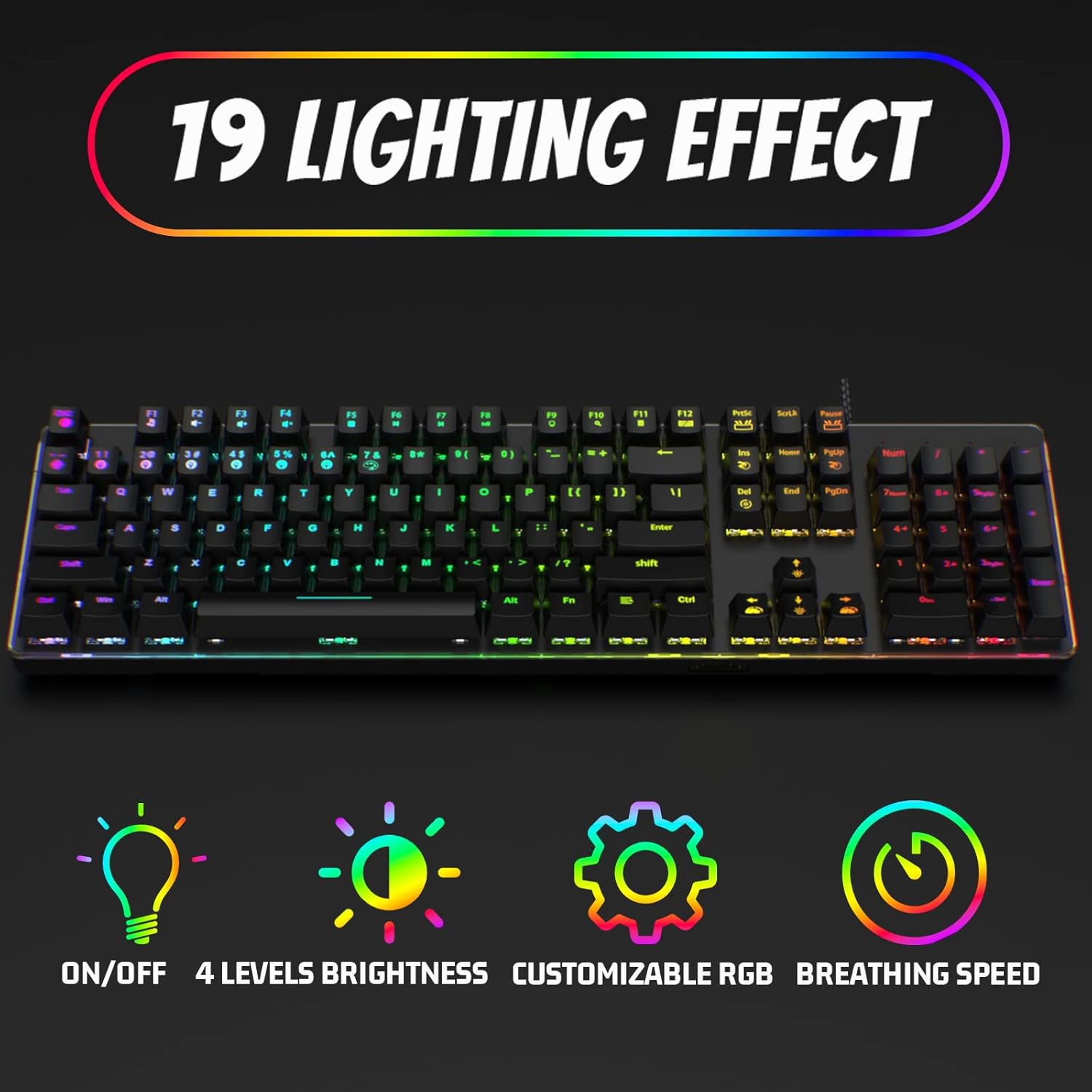 Mechanical Gaming Keyboard - 104 Keys Light Strike Switch Quite Office Computer Keyboard - Multi Color RGB Led Backlit - USB Wired Ergonomic Laptop Keyboard for PC/Windows/Mac Gamer