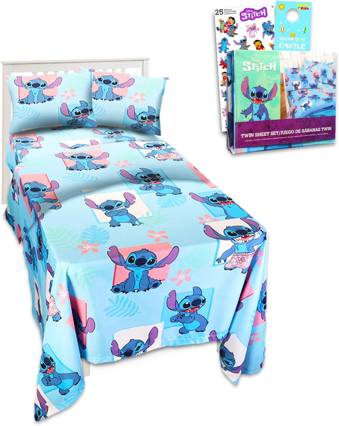 Stitch Twin Size Bedding Set for Toddlers - Lilo and Stitch Twin Bedding Bundle Includes Stitch Sheets with Flat Sheet, Fitted Sheet, and Pillowcase for Twin Bed Plus Stickers | Stitch Bedroom Decor