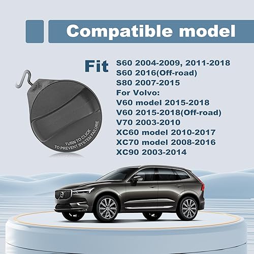 Miniatura 3 de Tapa de llenado de gasolina para tanque de combustible compatible con Volvo XC60, XC70, XC90, S60, S80, V60, V60 Cross Country, V70, vehículos