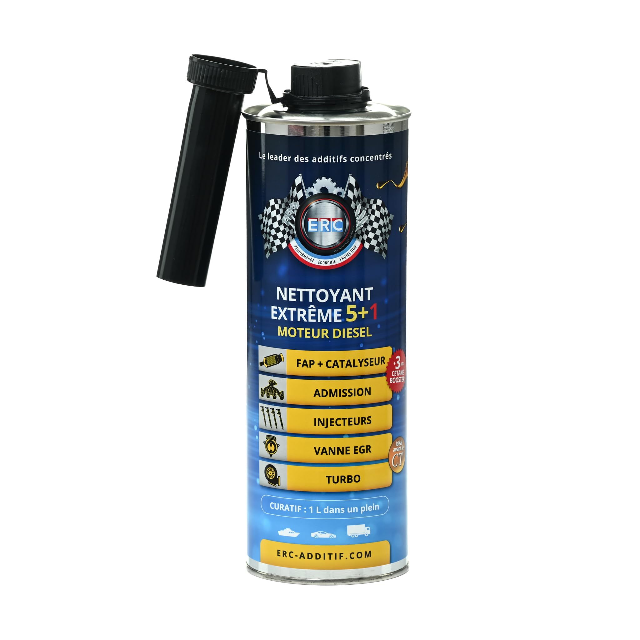 ERC | Nettoyant Extrême 5+1 Diesel Décrassant Moteur sans Démontage | Régénère FAP, Vanne EGR, Turbo, Injecteurs | Cétane Booster Puissance et Économie | Additif Pro Contrôle Technique | 1 L