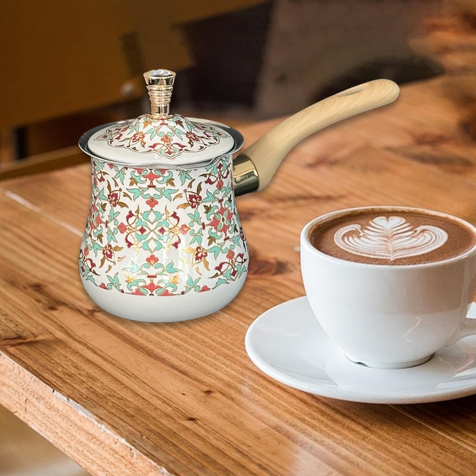 Qianly Stainless Steel Turkish Coffee Pot Milk Pot with Lid Butter Melting Pot Kitchen Accessory Easy to Clean Making Latte Art, Red Pattern, 900ml