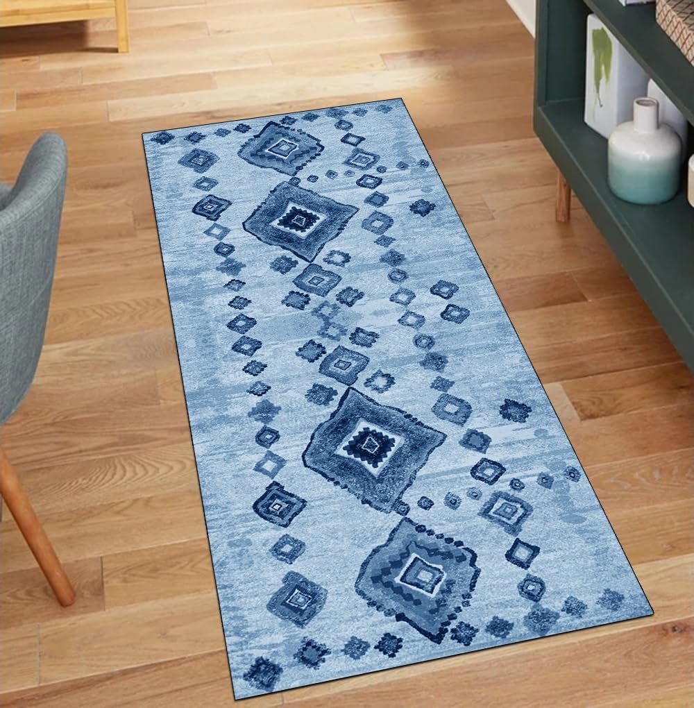 Alfombra de pasillo azul de 80x160 cm lavable y vintage