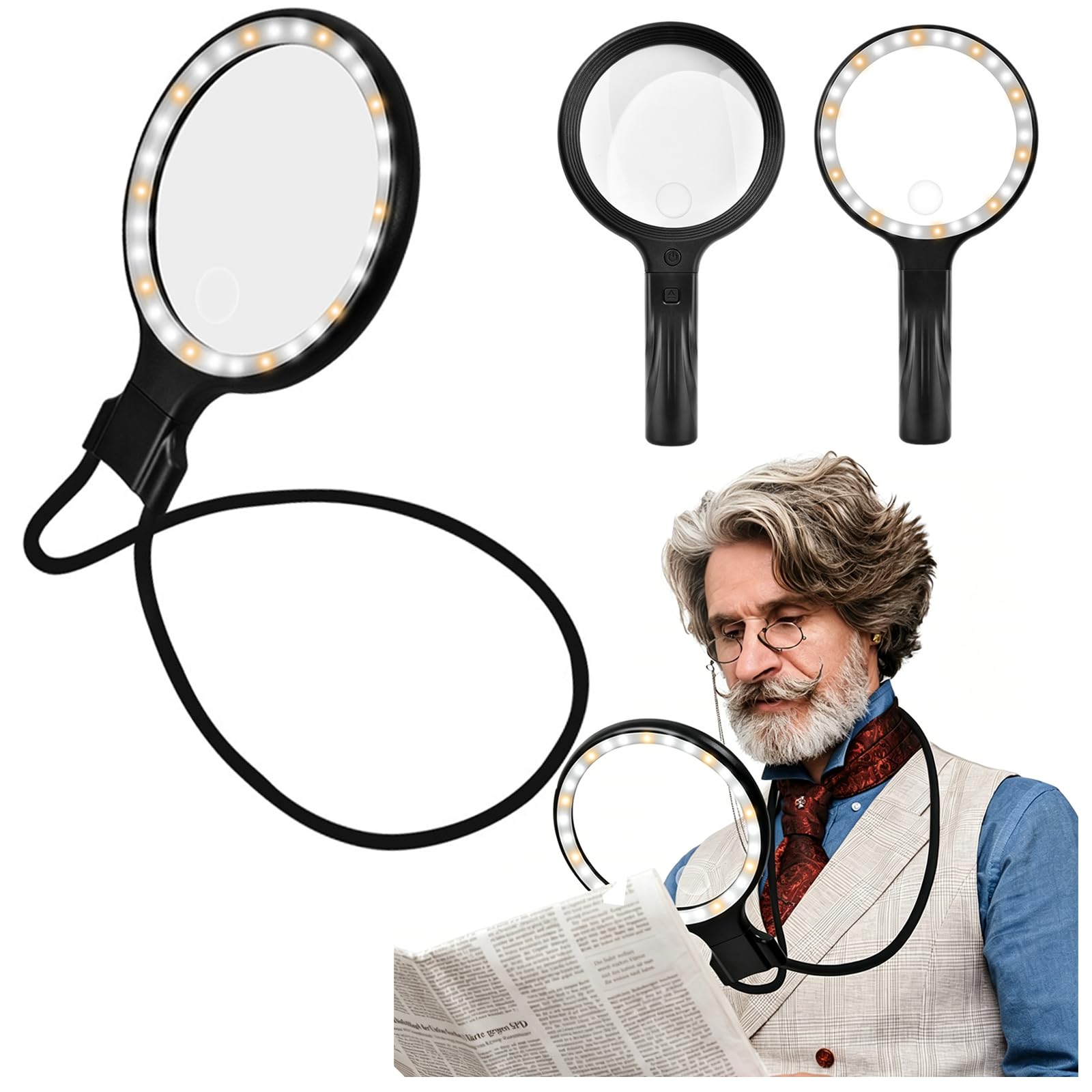5X 10X Hands Free Magnifying Glass with Light, 3-in-1 Neck Wear Magnifier with 3 Colour LED, Rechargeable Large Magnifying Glass for Reading Books, Sewing & Close Work – for Seniors & Low Vision