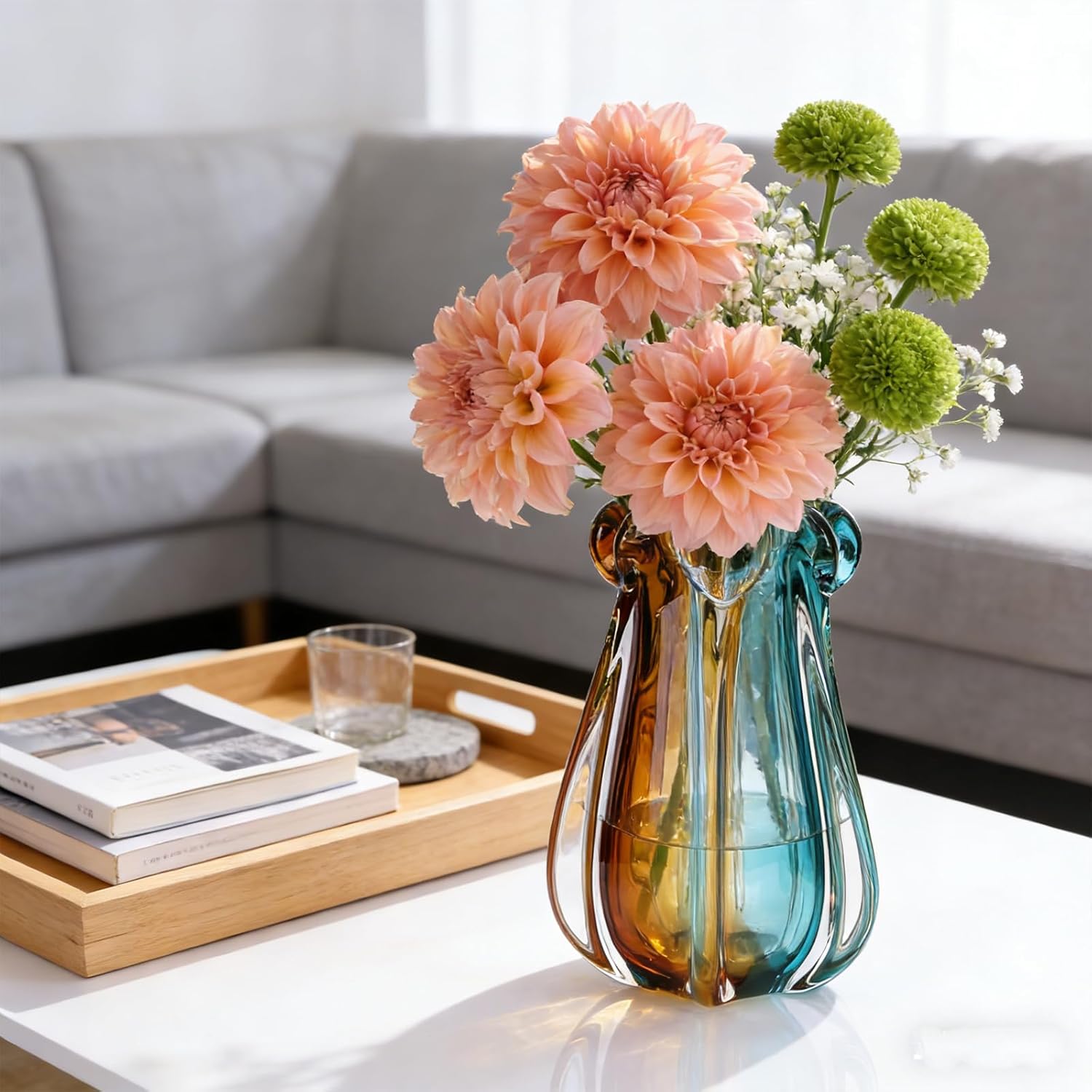 Hand Blown Glass Vase, Murano-Style Colorful Art Glass Centerpiece, Heavy Large Wide Mouth Ruffle Rim, Teal Turquoise and Amber, and Wedding Decorations Living Room Decor (10.63in)