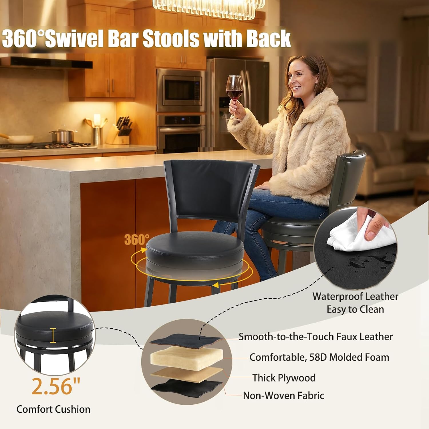 Swivel Bar Stools Set of 2, 25 inch Counter Height Barstools, Modern Metal Swivel Bar Chairs with Backrest, Faux Leather Upholstered Counter Height Chairs for Kitchen Island, Black