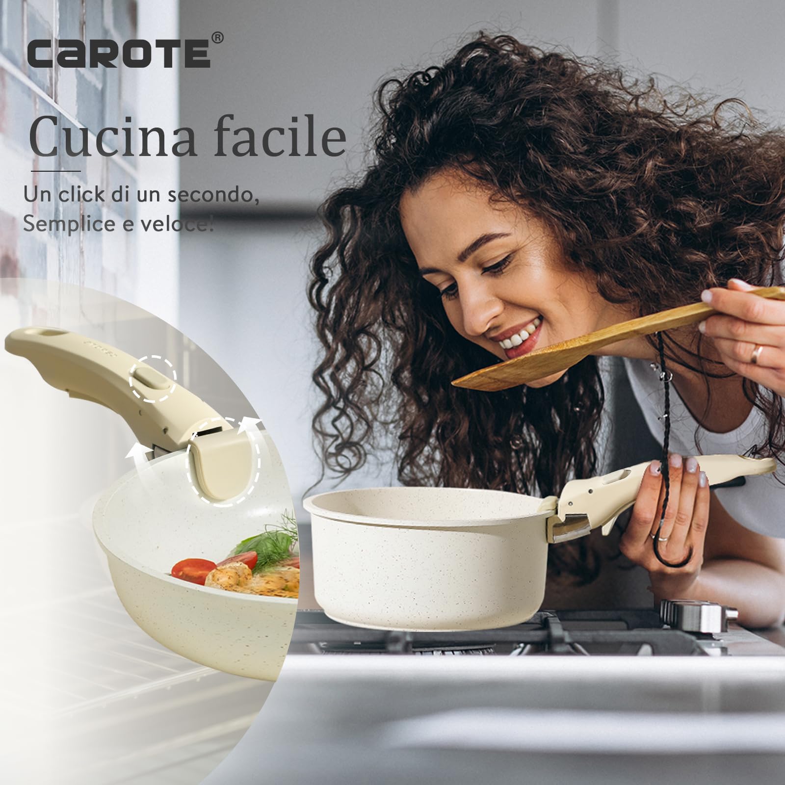 CAROTE Set di Padelle con manici amovibili 6 Pezzi,Set Padelle Antiaderenti,Padella 22/26cm,Casseruola 22cm con Coperchi,Grill Bistecchiera 26cm,impilabile,salvaspazio per Induzione,Gas e Forno