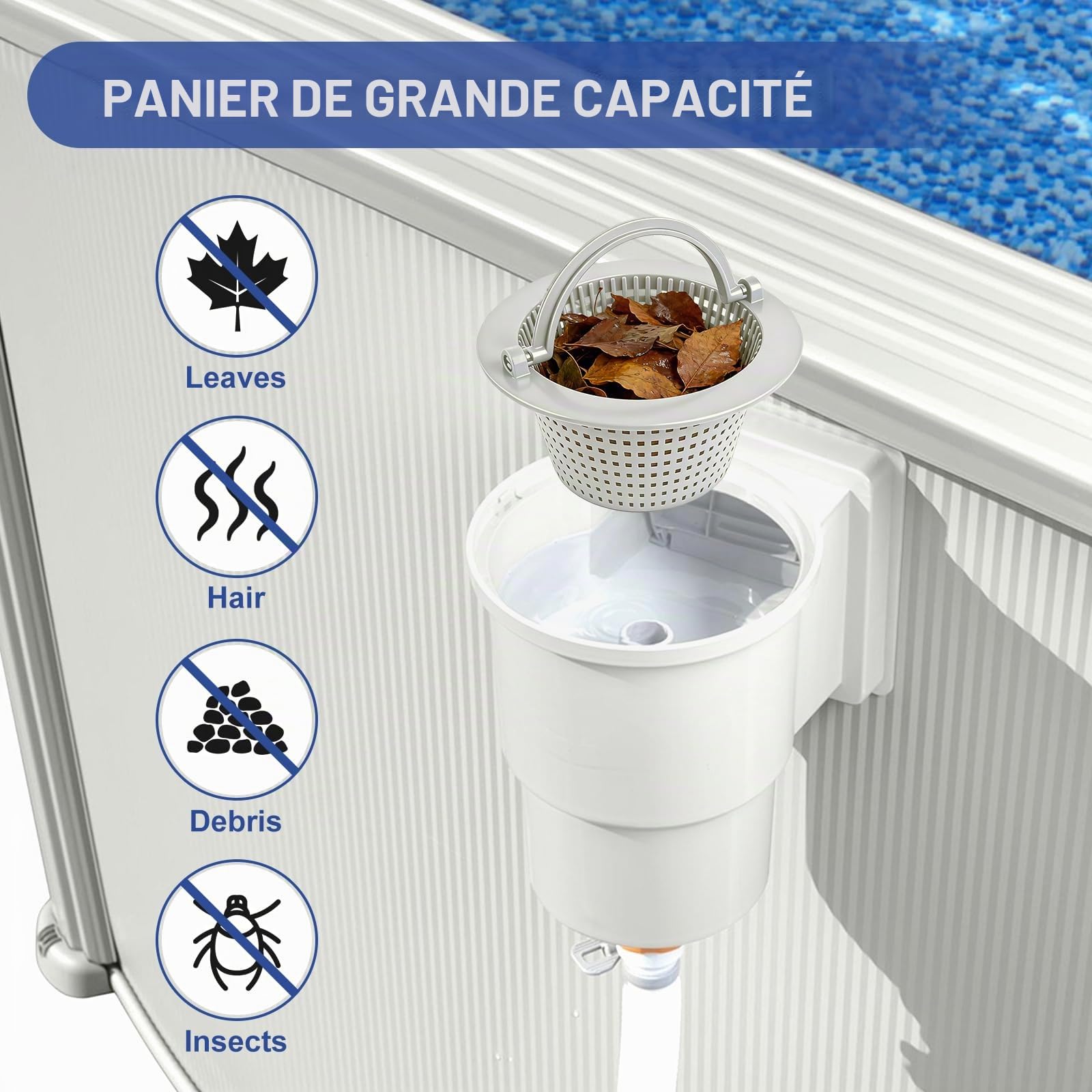 efuturetime Kit Skimmer de Surface 9 Pièces, Panier de Skimmer Piscine, Buse d'aspiration et Raccord de Tuyau 32/38 mm pour Nettoyage Piscines Hors-Sol et À Parois en Acier, Blanc