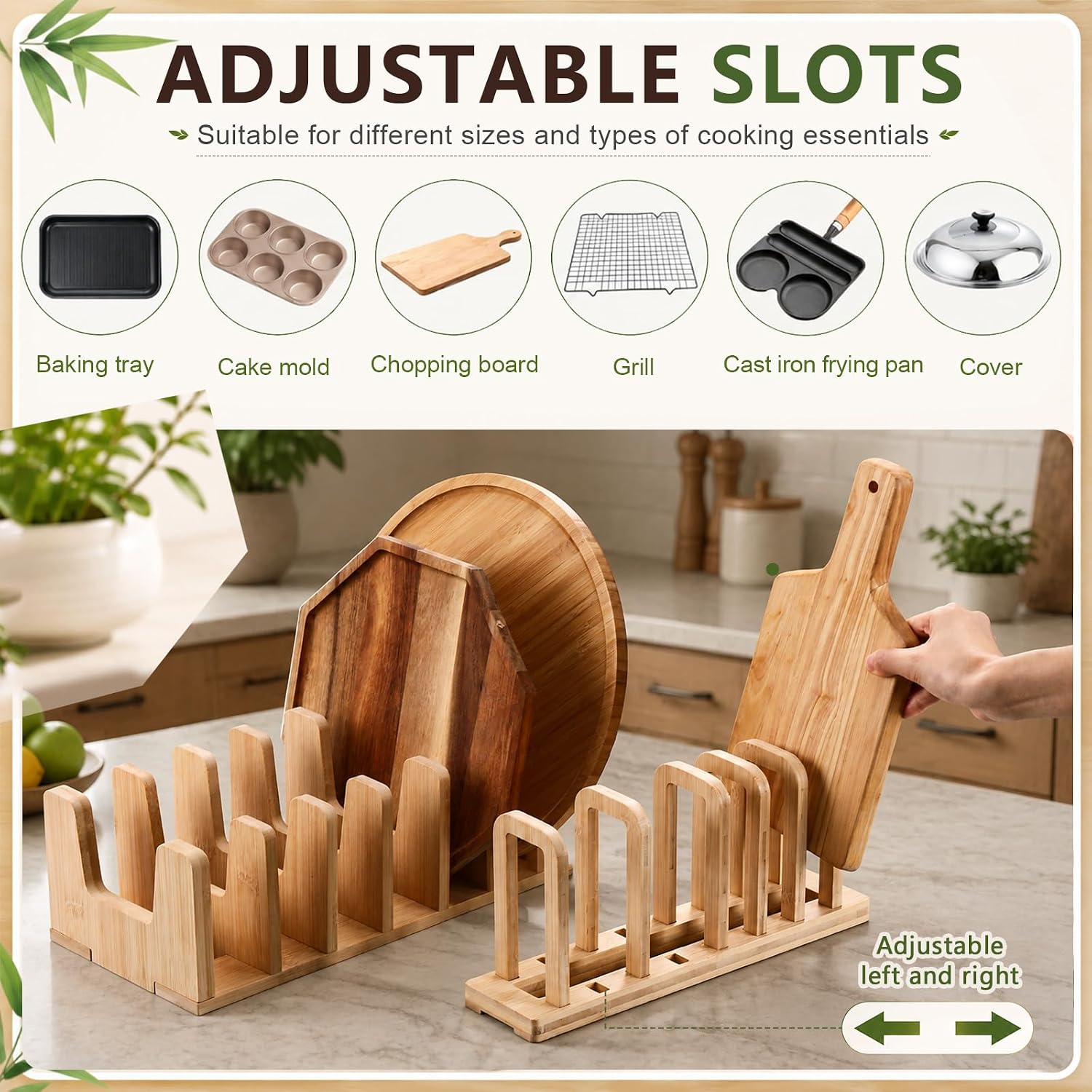 2 Pack Bamboo Cabinet Organizer, Board Rack & Pot Lid Holder