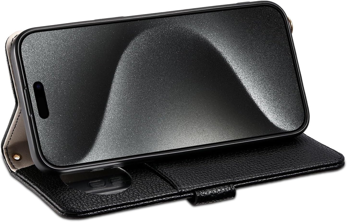 Wallet Case for iPhone 16e with Card Holder Wrist Strap Mirror, PU Leather Magnetic Flip Zipper Phone Cover - Black