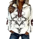 Quarter Zip Pullover Tops for Women Sherpa Collar Western Aztec Print Sweatshirt Long Sleeve Casual Jackets
