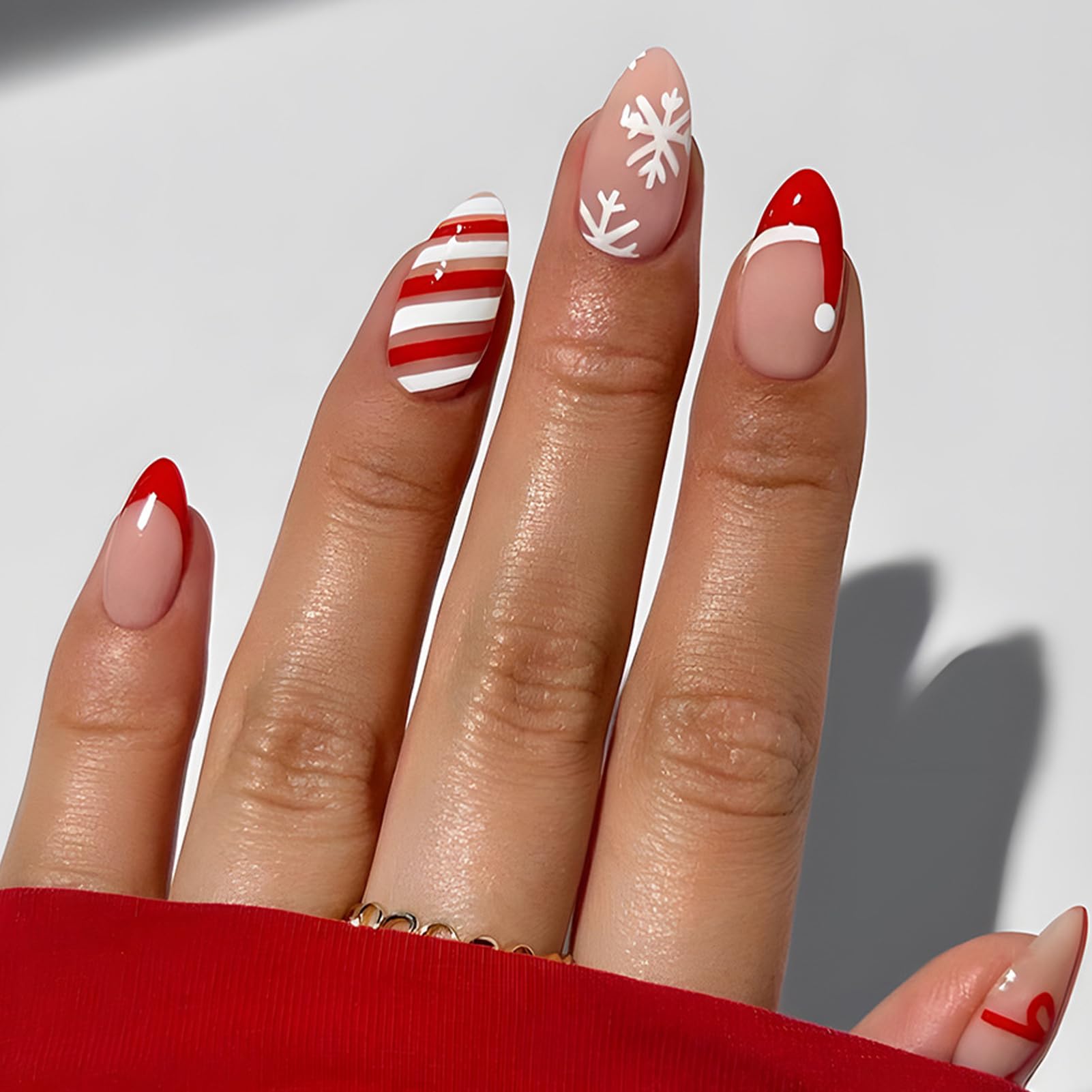 Christmas Press On Nails Almond Medium, Christmas Nails Glue On，24Pcs Christmas Fake Nails With Glue, Christmas Nails Press On With French Santa Hat