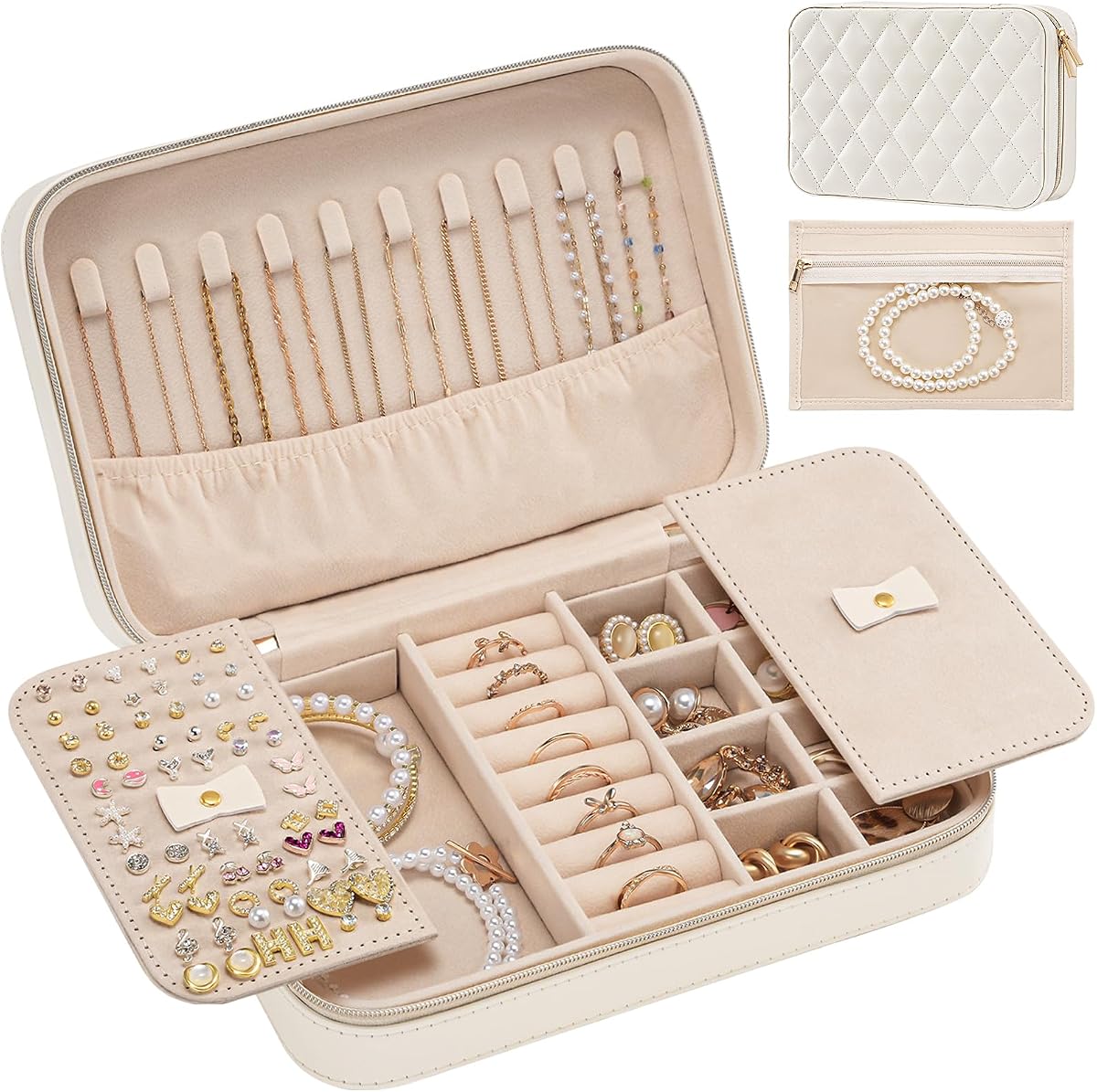 Lolalet Travel Jewelry Case for Women Girls -Medium, White | Jewelry Box Organizer for Travel Essentials, Mirror & Clear Storage Bag, Earring Necklace Bracelet Ring Holder, Mother's Gift