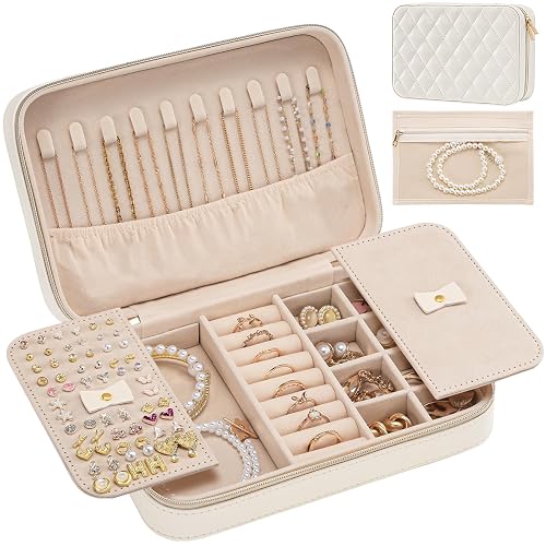 Lolalet Travel Jewelry Case for Women Girls -Medium, White | Jewelry Box Organizer for Travel Essentials, Mirror & Clear Storage Bag, Earring Necklace Bracelet Ring Holder, Mother's Gift