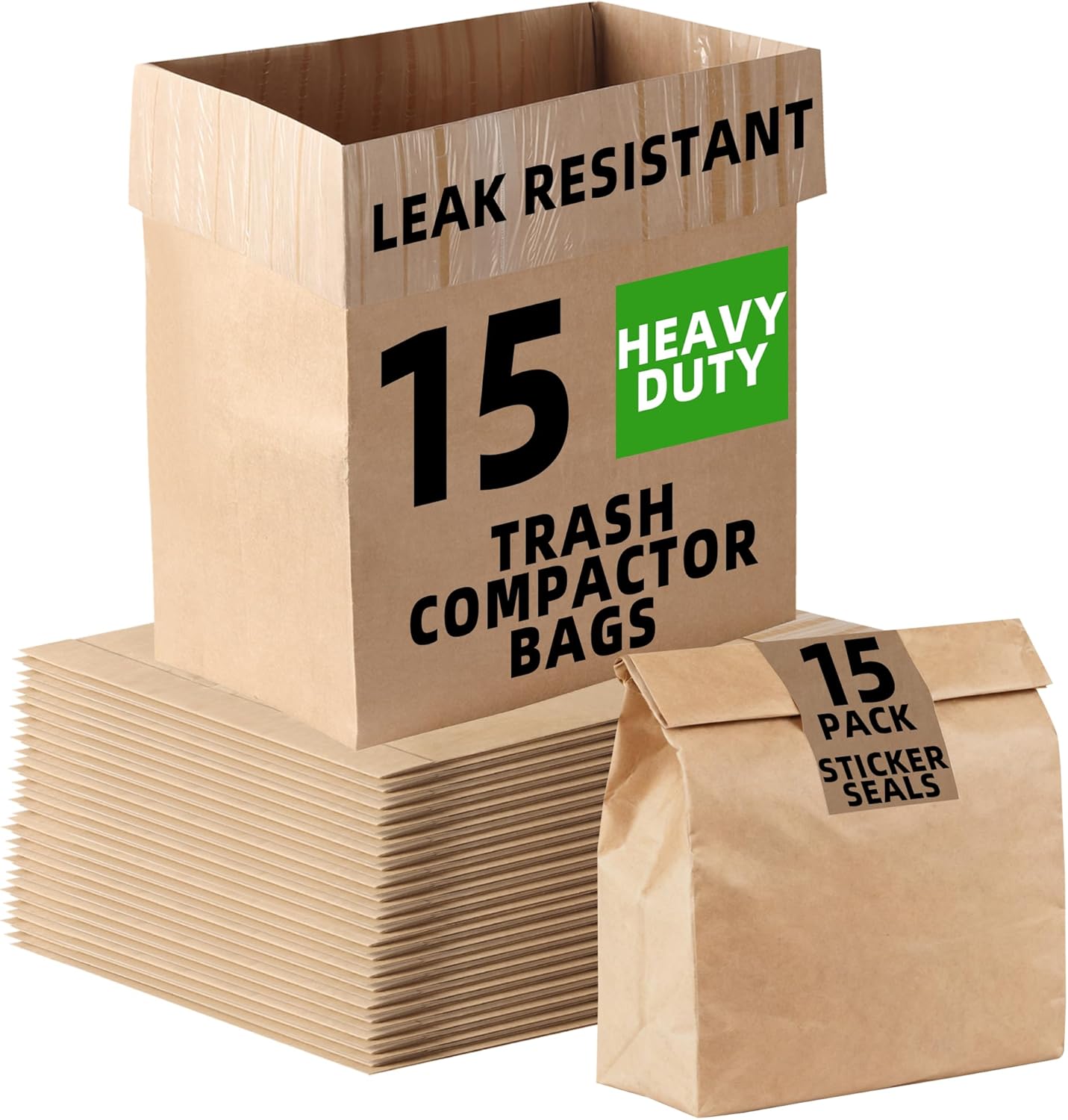 (15-Pack) Calvana Super Strong Compactor Bags, Heavy-Duty Kitchen Paper Trash Bags with Leak Proof Plastic Liner, Fits GE Model Compactors with Rectangular Containers, Includes 15 Sticker Seals