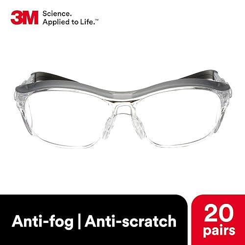 Miniatura 2 de 3M Gafas de seguridad, Nuvo, 1 par, ANSI Z87, lente transparente antiniebla, montura gris retro, puente de nariz suave, barra de cejas integral y