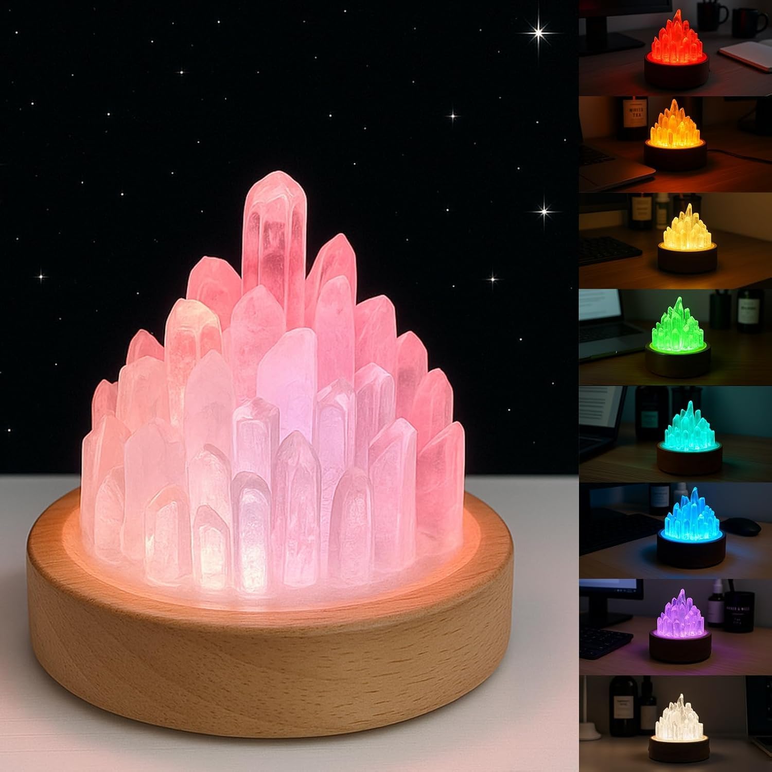 Clear Quartz Night Light - Healing Crystal Night Light Natural Crystal Bedside Lamp with Wooden Base, USB Port, Soft Warm Glow for Bedroom, Nursery, Office & Home Decor