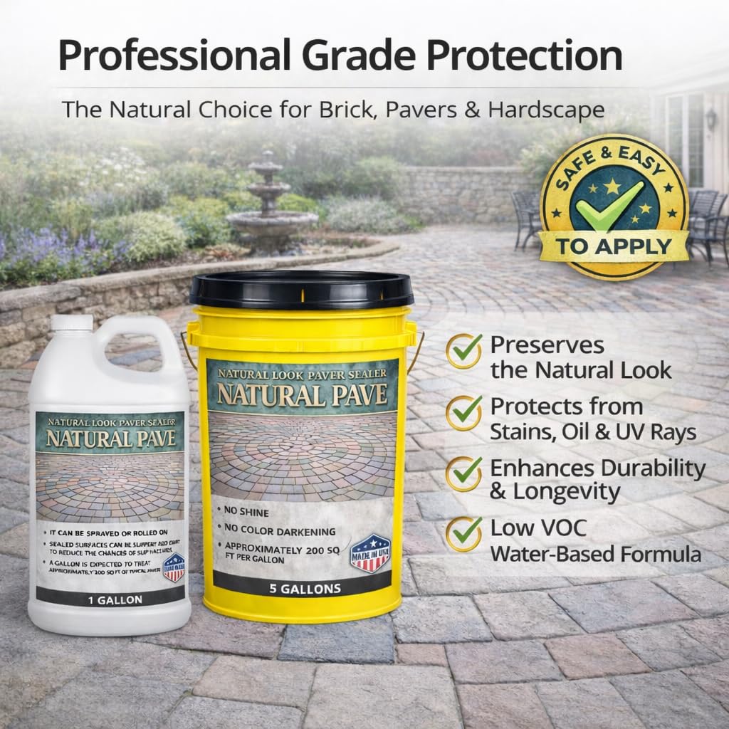 Natural Pave Concrete & Paver Sealer – Clear, Water-Based Masonry Protection – Waterproof, UV Resistant, Locks Joint Sand & Enhances Color – Durable Paver & Patio Surface Protection - 5 Gallon