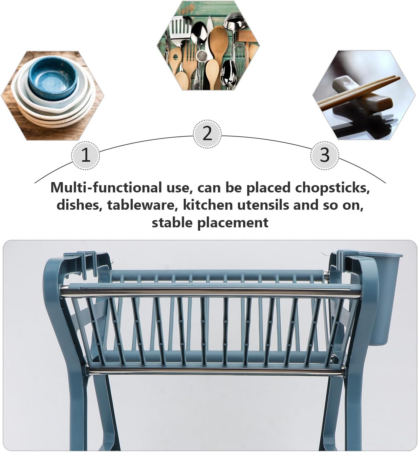 Double-Layer Kitchen Dish Rack Storage Shelf Blue Plastic Drain Rack Sink Organizer for Kitchen Supplies and Utensils Drying