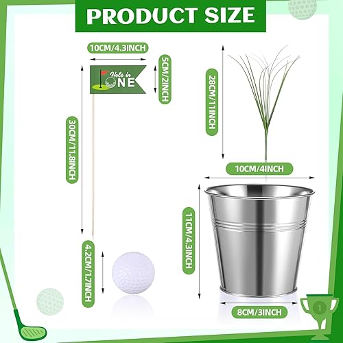 Miniatura 2 de Soulchen Regalos de golf para hombres, kit de decoración de mesa de fiesta deportiva, incluye 6 cubos de hierro, 12 minigolf 90, césped artificial,