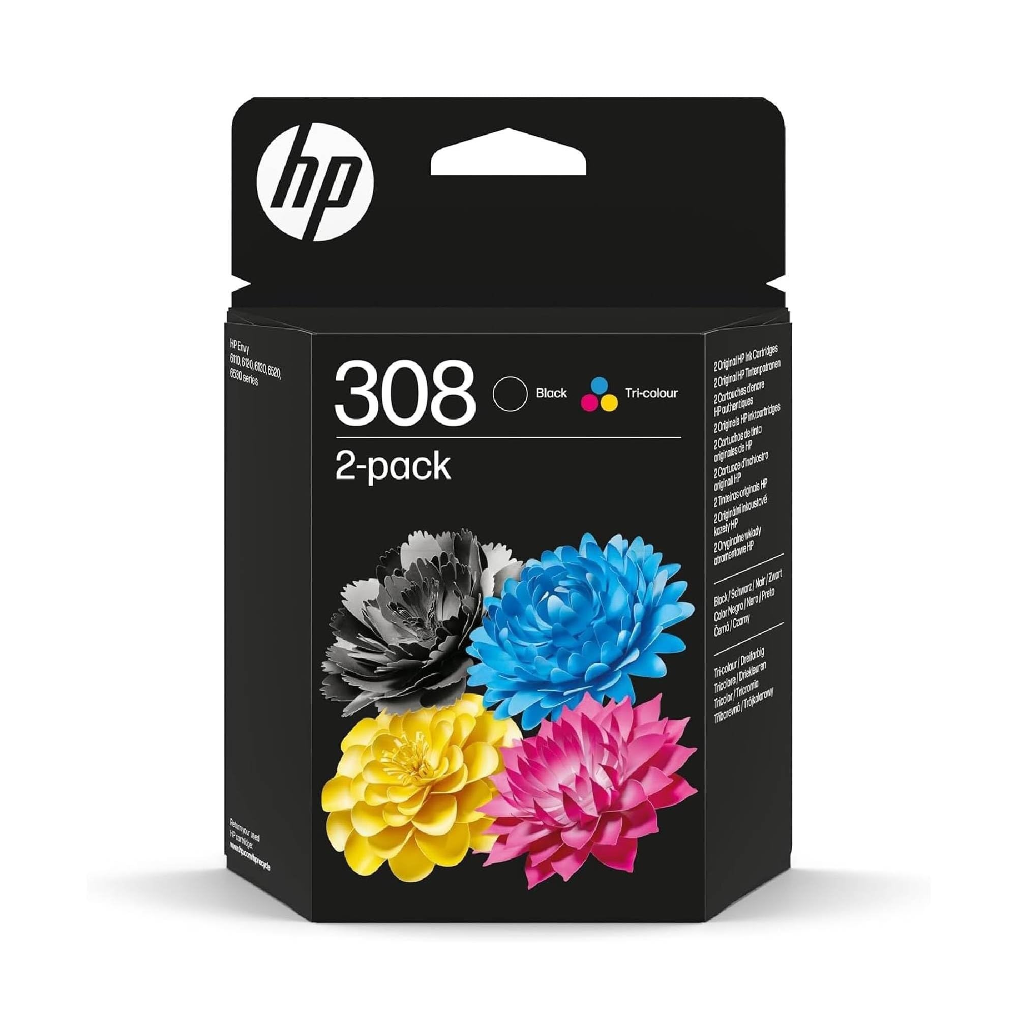 HP 308, Noir et Tricolore, 6L6S6UE, Pack de 2 Cartouches d’Encre Original, Compatible avec Les Series d'Imprimantes HP Envy 6110, 6120, 6130, 6520, 6530