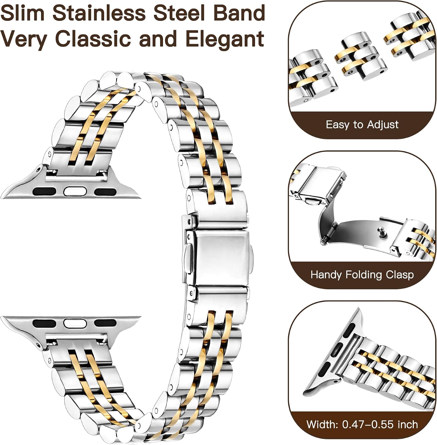 Wipalor Thin Classic Metal Chain Band Fit Slim Apple Watch Bands for women 46mm 44mm 45mm 42mm 49mm, Dressy Stainless Steel iWatch Bands for iPhone Watch Series 10 9 SE 8 7 6 5 4 3 2 Ultra-Silver/Gold